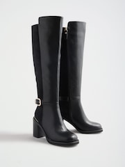 Lipsy Black Faux Leather & Suede Buckle Knee High Block Heeled Boots - Image 4 of 7