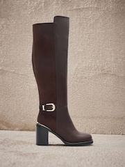 Lipsy Chocolate Brown Faux Leather & Suede Buckle Knee High Block Heeled Boots - Image 1 of 8