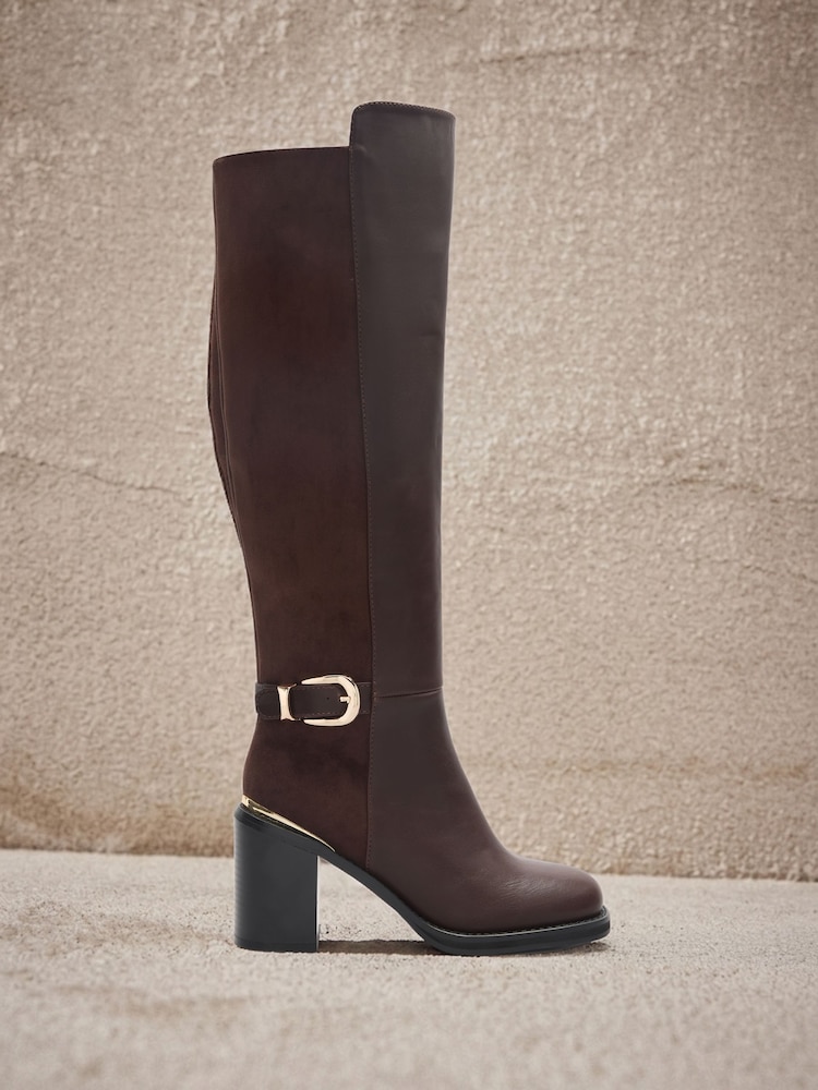 Lipsy Chocolate Brown Faux Leather & Suede Buckle Knee High Block Heeled Boots - Image 1 of 8 Lipsy Chocolate Brown Faux Leather & Suede Buckle Knee High Block Heeled Boots - Image 1 of 8