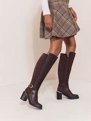 Lipsy Chocolate Brown Faux Leather & Suede Buckle Knee High Block Heeled Boots - Image 2 of 8
