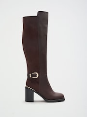Lipsy Chocolate Brown Faux Leather & Suede Buckle Knee High Block Heeled Boots - Image 4 of 8