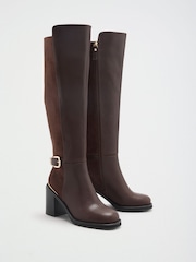 Lipsy Chocolate Brown Faux Leather & Suede Buckle Knee High Block Heeled Boots - Image 5 of 8