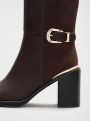Lipsy Chocolate Brown Faux Leather & Suede Buckle Knee High Block Heeled Boots - Image 6 of 8