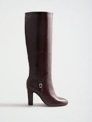 Lipsy Burgundy Red Faux Leather Knee High Heeled Buckle Trim Boots - Image 3 of 7