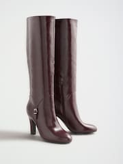 Lipsy Burgundy Red Faux Leather Knee High Heeled Buckle Trim Boots - Image 4 of 7