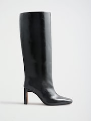 Lipsy Black Faux Leather Square Toe High Heel Long Knee High Boots - Image 2 of 6