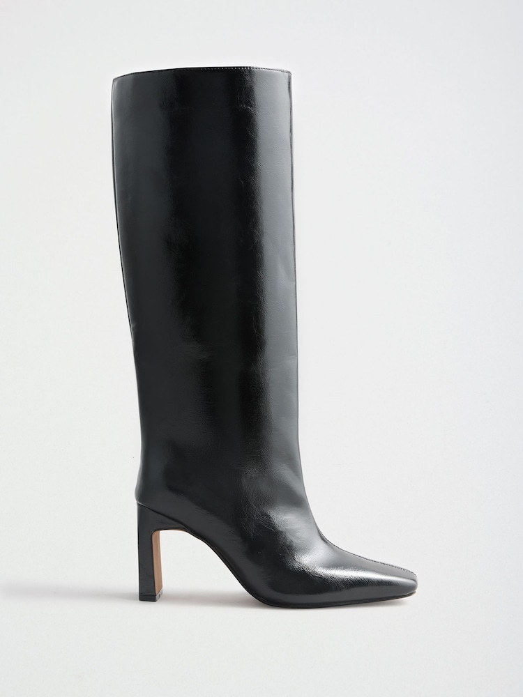 Lipsy Black Faux Leather Square Toe High Heel Long Knee High Boots - Image 2 of 6