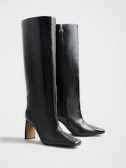 Lipsy Black Faux Leather Square Toe High Heel Long Knee High Boots - Image 3 of 6
