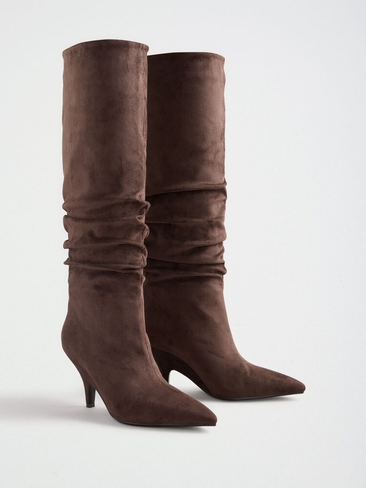 Lipsy Chocolate Brown Faux Suede High Heel Ruched Knee High Smart Boots - Image 1 of 7 Lipsy Chocolate Brown Faux Suede High Heel Ruched Knee High Smart Boots - Image 1 of 7