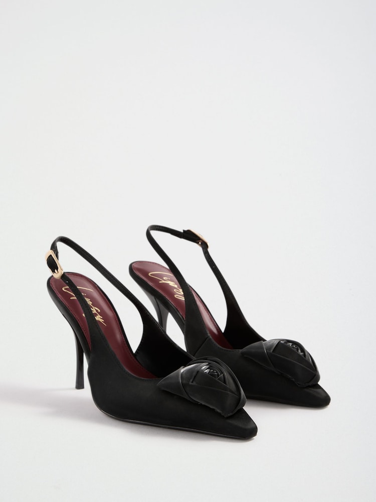 블랙 - Lipsy Wide Fit Satin Finish Corsage High Stiletto Heel Slingback Court Shoes - 7의 이미지 1