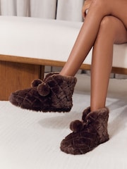 Lipsy Chocolate Brown Soft Quilted Faux Fur Pom Ankle Slippers Bootie - Image 2 of 7