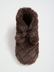 Lipsy Chocolate Brown Soft Quilted Faux Fur Pom Ankle Slippers Bootie - Image 3 of 7