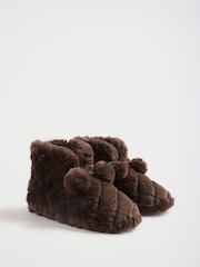 Lipsy Chocolate Brown Soft Quilted Faux Fur Pom Ankle Slippers Bootie - Image 4 of 7