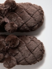 Lipsy Chocolate Brown Soft Quilted Faux Fur Pom Ankle Slippers Bootie - Image 6 of 7