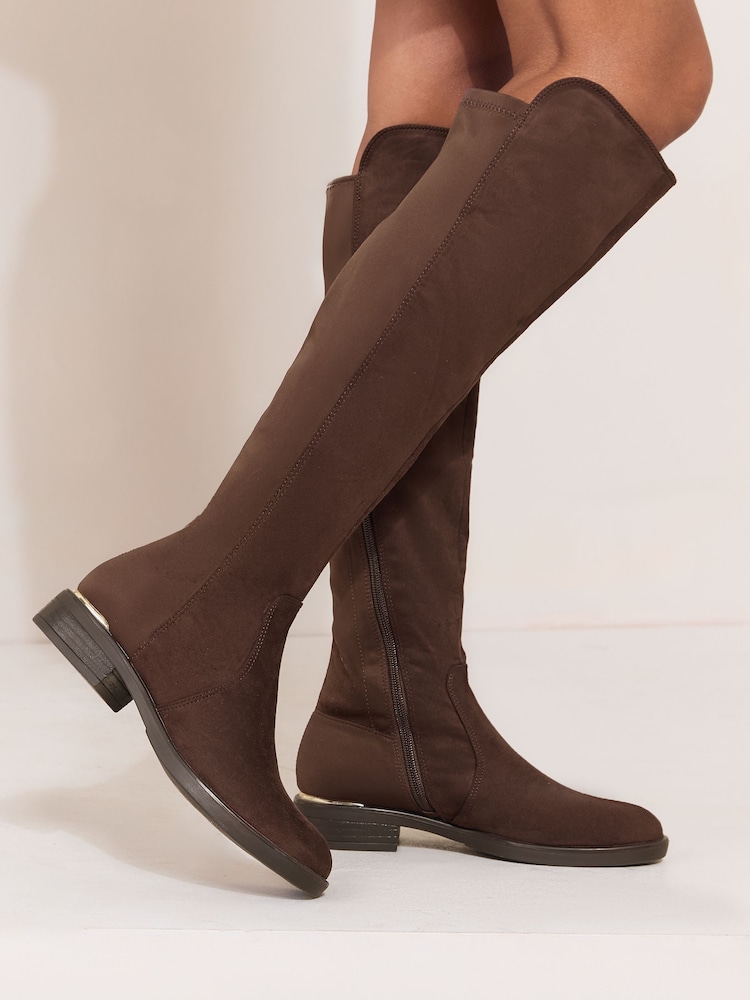 Chocolate Brown Wide Fit Elasticated Flat Knee High Casual Riding Boots - Image 1 of 7 Chocolate Brown Wide Fit Elasticated Flat Knee High Casual Riding Boots - Image 1 of 7