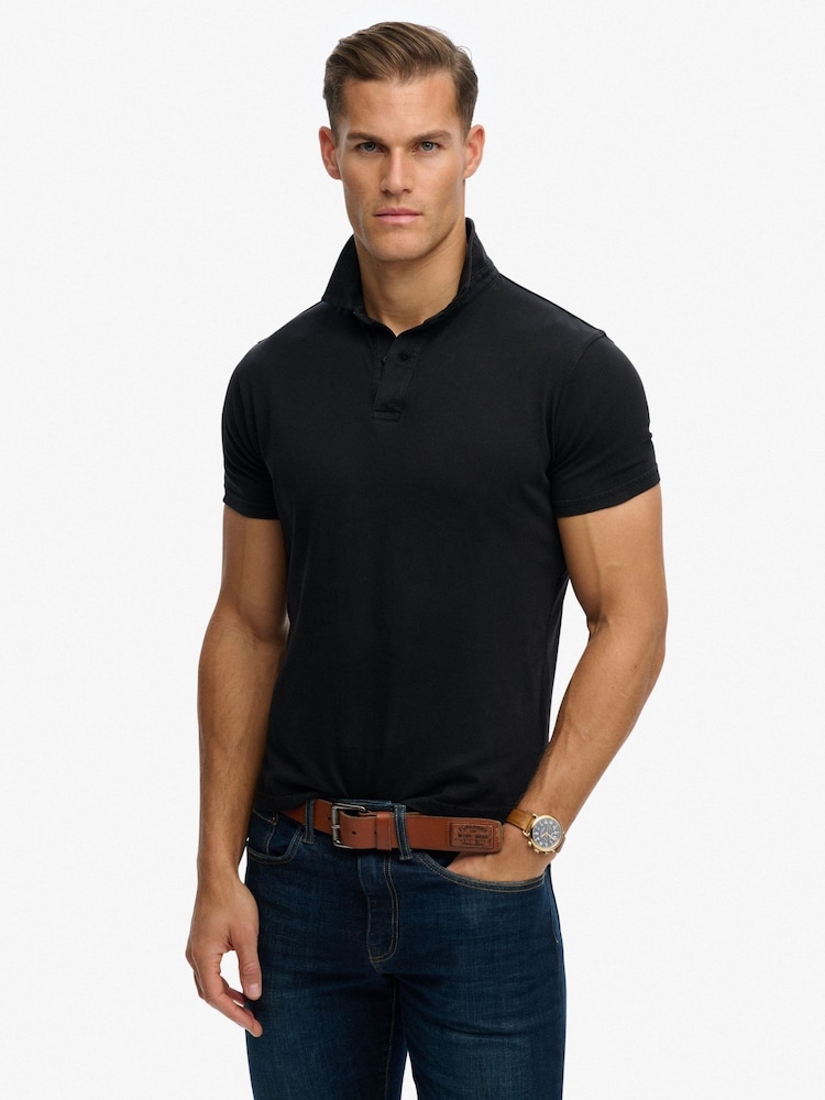 Superdry Black Essential Jersey Polo Top - Image 2 of 5 Superdry Black Essential Jersey Polo Top - Image 2 of 5