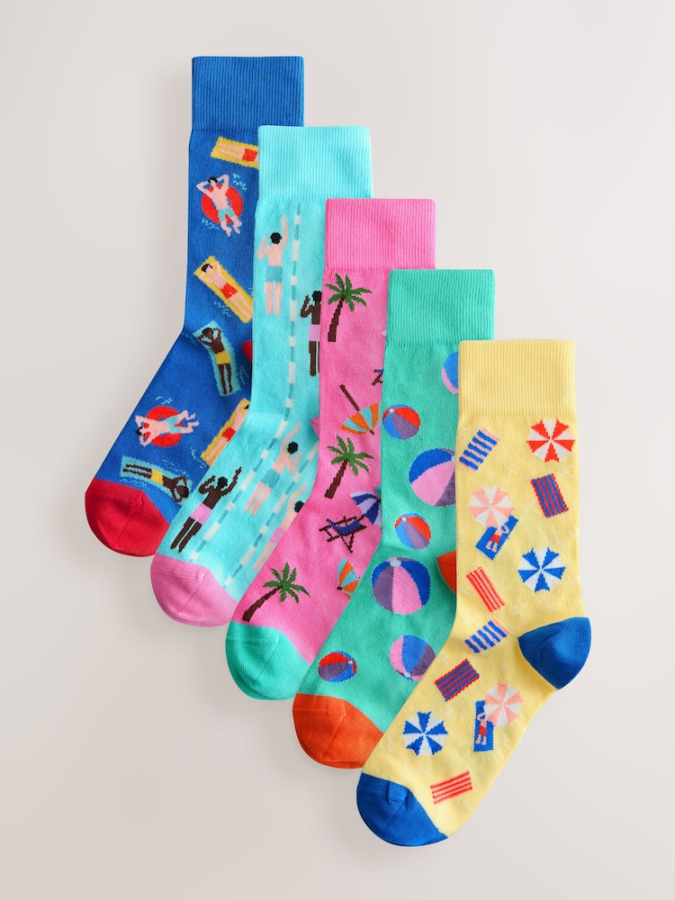 Blue/Yellow/Pink Pattern Socks 5 Pack - Image 1 of 8 Blue/Yellow/Pink Pattern Socks 5 Pack - Image 1 of 8