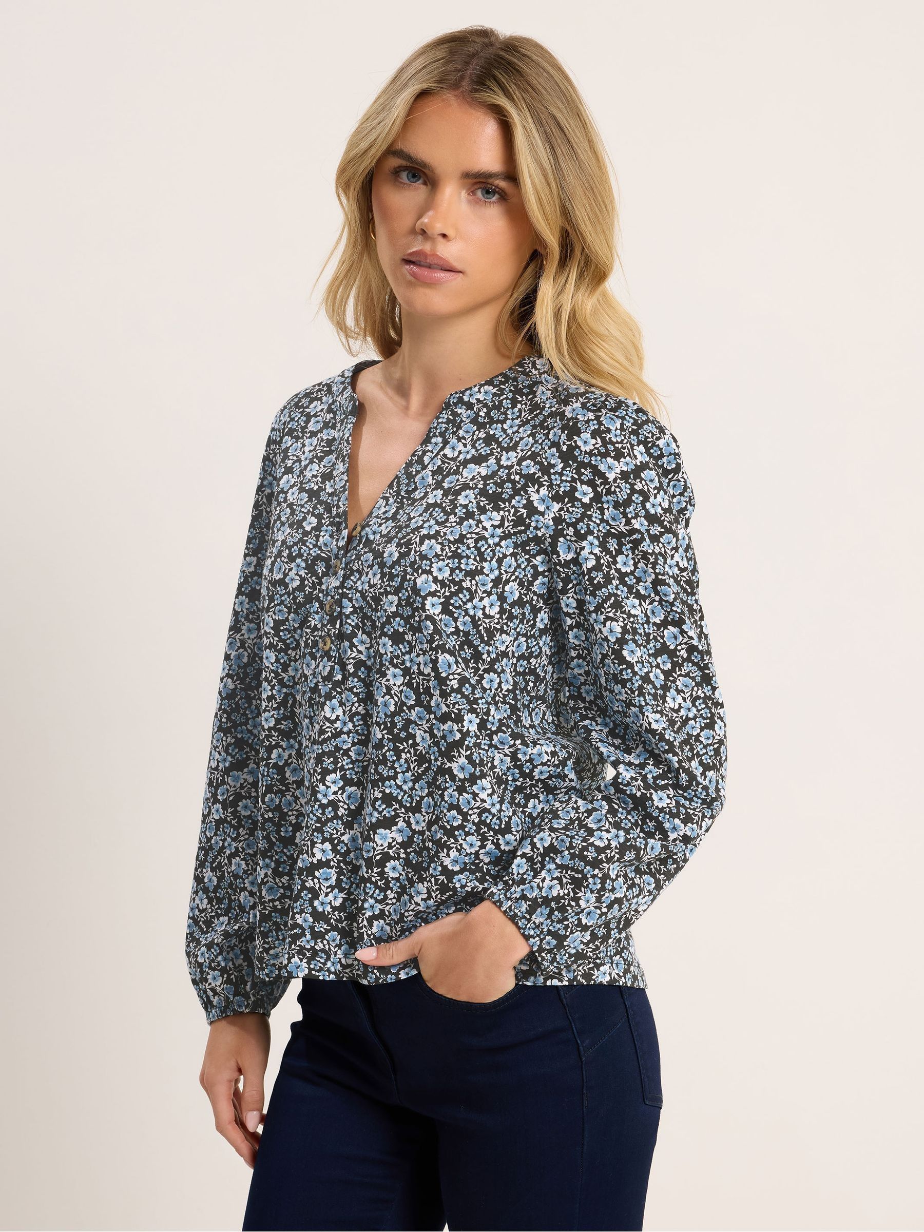 M & Co Women's Blue Petite Half Placket Long Sleeve Printed Jersey Shirt
