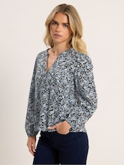 M&Co Blue Petite Half Placket Long Sleeve Printed Jersey Shirt - Image 1 of 6