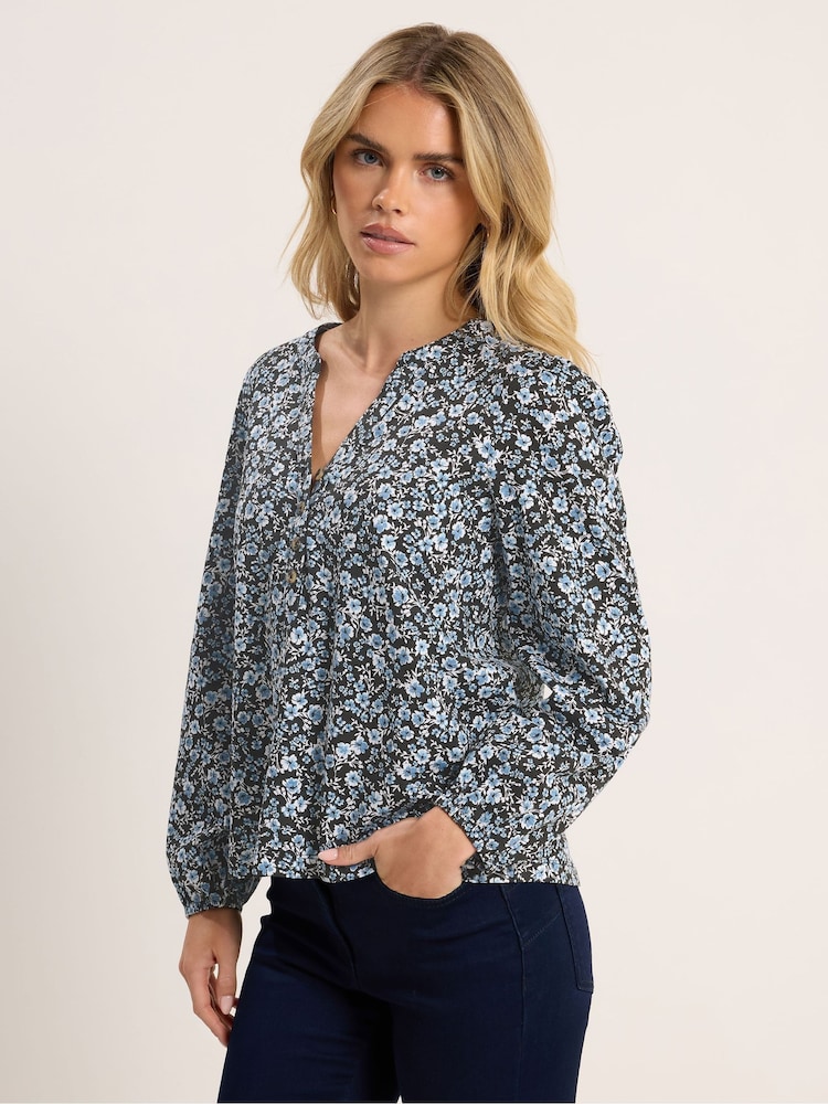 M&Co Blue Petite Half Placket Long Sleeve Printed Jersey Shirt - Image 1 of 6