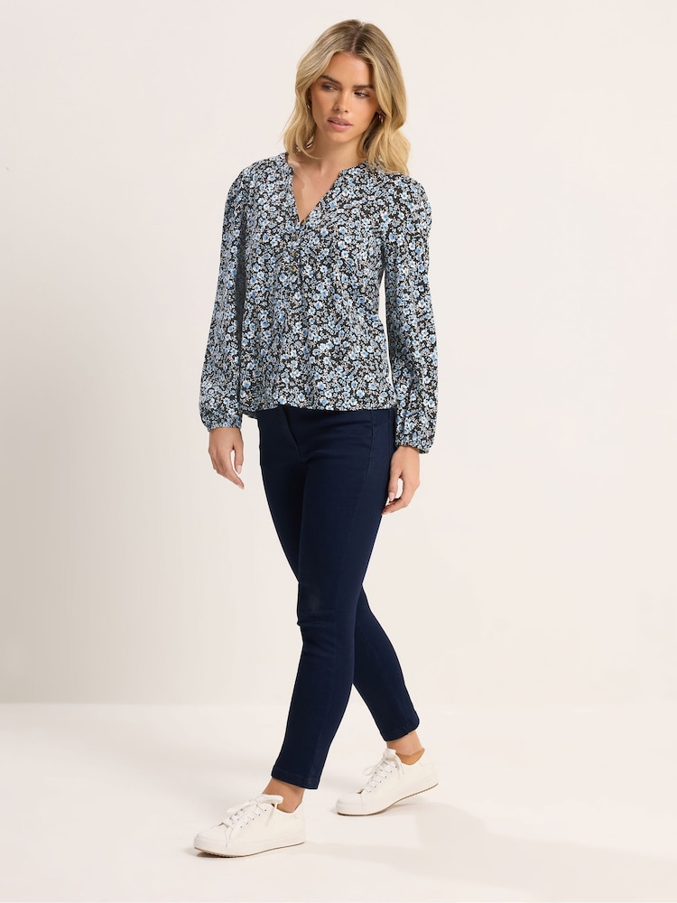 M&Co Blue Petite Half Placket Long Sleeve Printed Jersey Shirt - Image 2 of 6