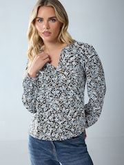 M&Co Blue Petite Half Placket Long Sleeve Printed Jersey Shirt - Image 5 of 6