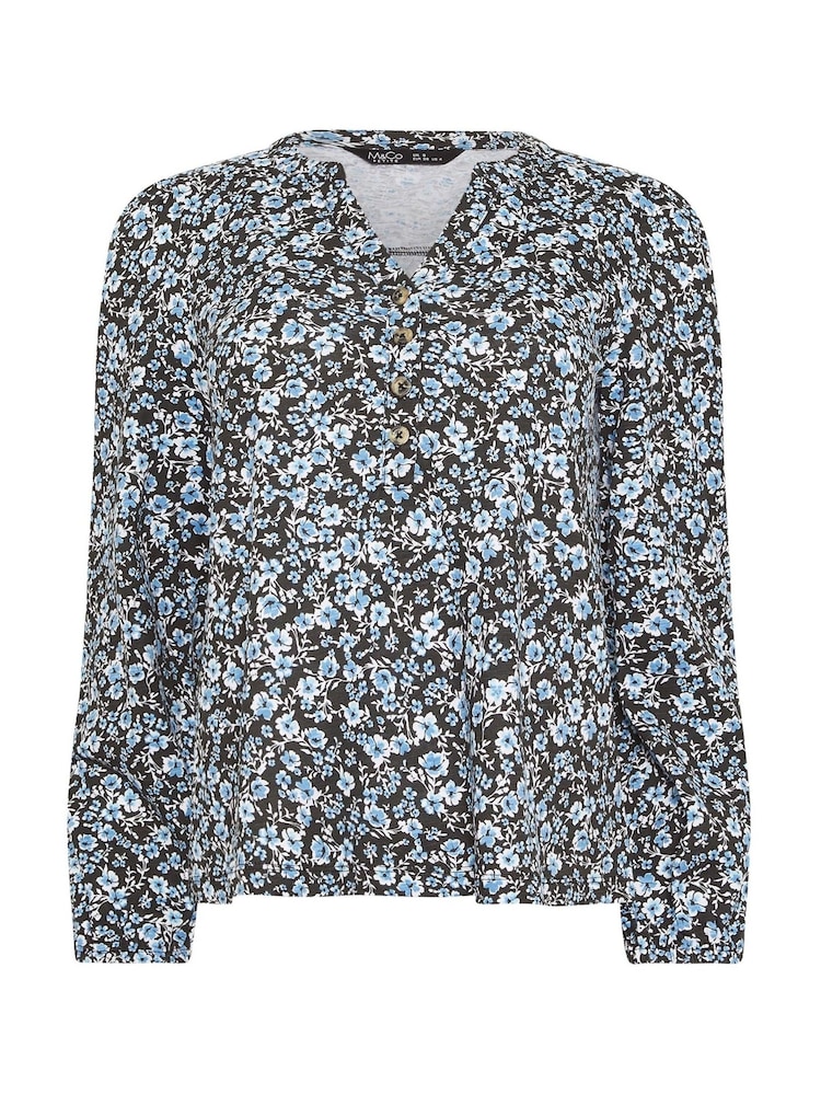 M&Co Blue Petite Half Placket Long Sleeve Printed Jersey Shirt - Image 6 of 6