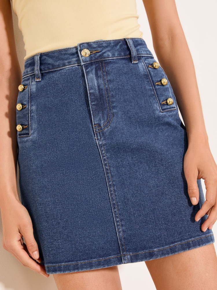Lipsy Dark Wash Sailor Button Denim Mini Skirt - Image 2 of 4