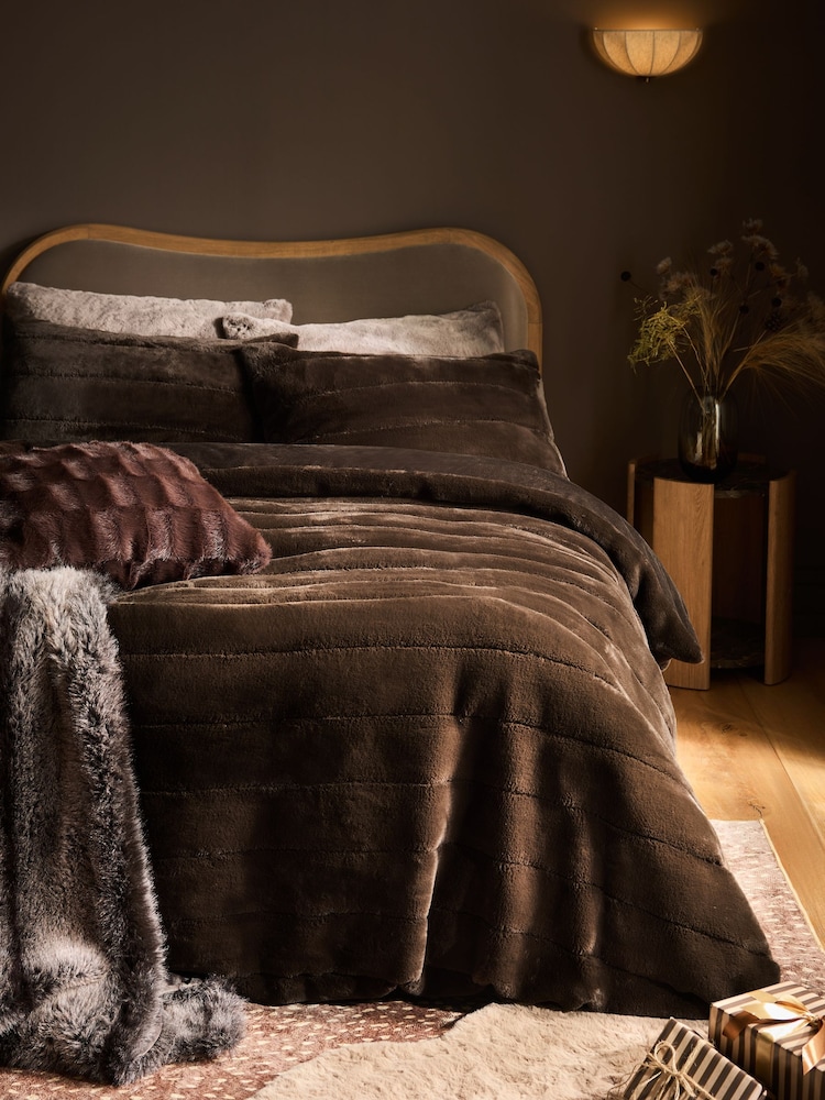 Chocolate Brown Plush Faux Fur Duvet Cover and Pillowcase Set - Image 1 of 4