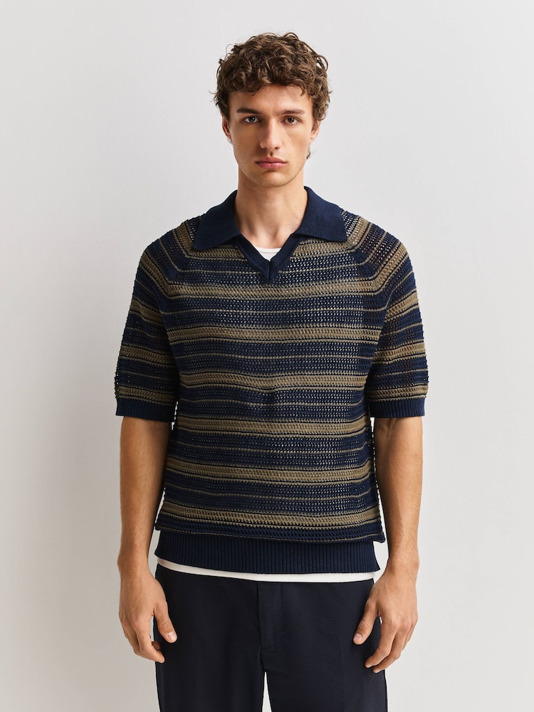 NN.07 Blue Cale V-Neck Pointelle Polo Shirt - Image 1 of 6