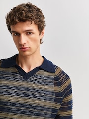 NN.07 Blue Cale V-Neck Pointelle Polo Shirt - Image 5 of 6