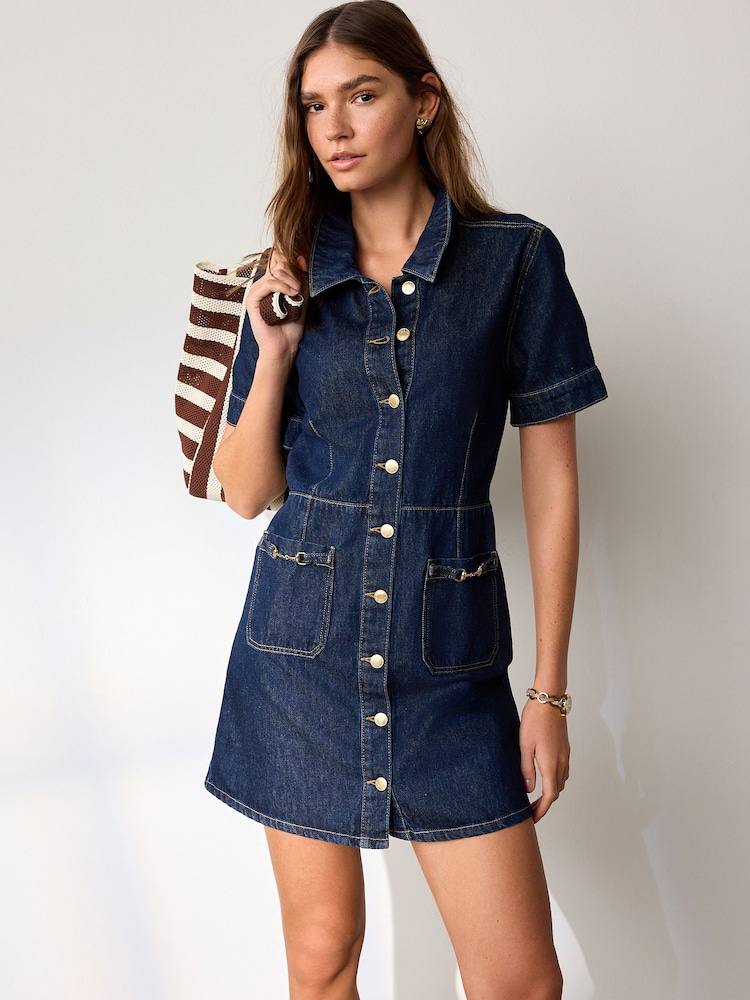 Rinse Blue Short Sleeve Gold Buckle Pocket Mini Denim Dress - Image 1 of 4 Rinse Blue Short Sleeve Gold Buckle Pocket Mini Denim Dress - Image 1 of 4