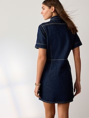 Rinse Blue Short Sleeve Gold Buckle Pocket Mini Denim Dress - Image 3 of 4