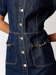 Rinse Blue Short Sleeve Gold Buckle Pocket Mini Denim Dress - Image 4 of 4