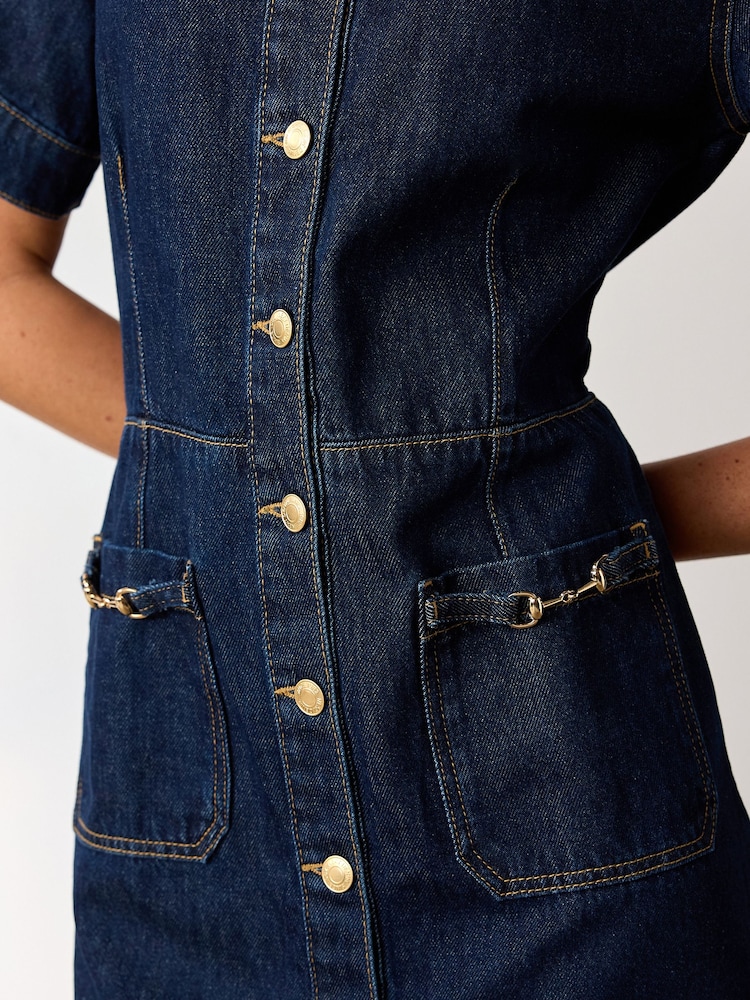 Rinse Blue Short Sleeve Gold Buckle Pocket Mini Denim Dress - Image 4 of 4 Rinse Blue Short Sleeve Gold Buckle Pocket Mini Denim Dress - Image 4 of 4