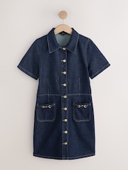 Rinse Blue Short Sleeve Gold Buckle Pocket Mini Denim Dress - Image 5 of 8
