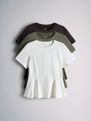 The Set 3 Pack Peplum Tops Chocolate Brown/Khaki Green/Cream - Image 2 of 11