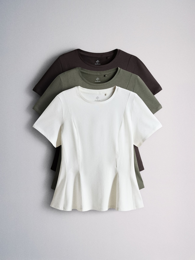 The Set 3 Pack Peplum Tops Chocolate Brown/Khaki Green/Cream - Image 2 of 11