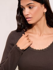 Friends Like These Chocolate Brown Lace Trim Scoop Neck Top - Image 4 of 5