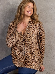 Live Unlimited Brown Animal Print Polo Collar Jersey Top - Image 1 of 5