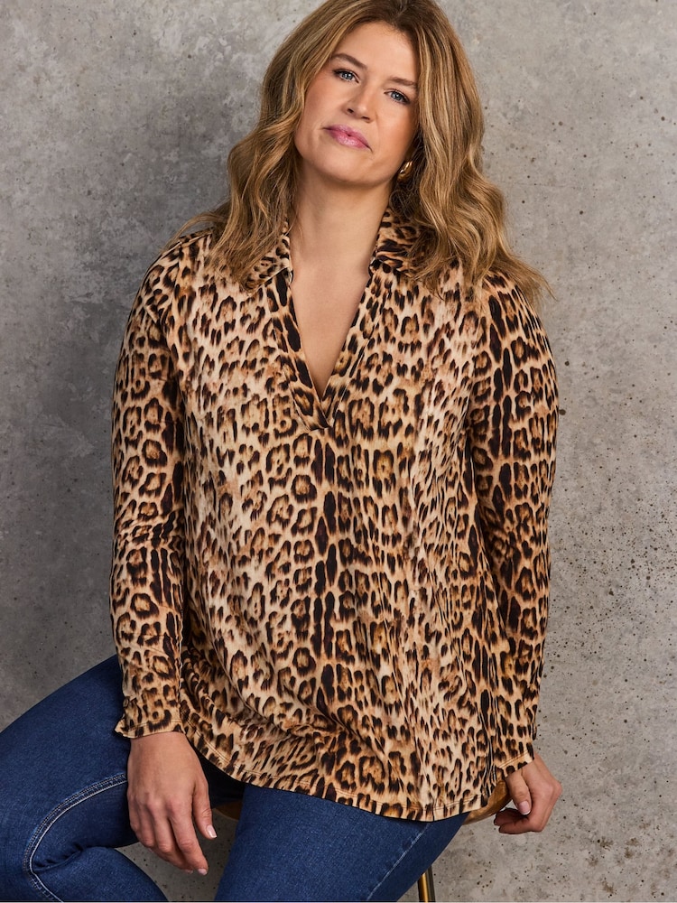 Live Unlimited Brown Animal Print Polo Collar Jersey Top - Image 2 of 5 Live Unlimited Brown Animal Print Polo Collar Jersey Top - Image 2 of 5