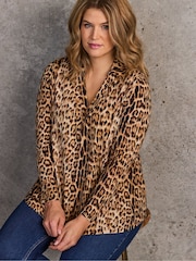 Live Unlimited Brown Animal Print Polo Collar Jersey Top - Image 4 of 5