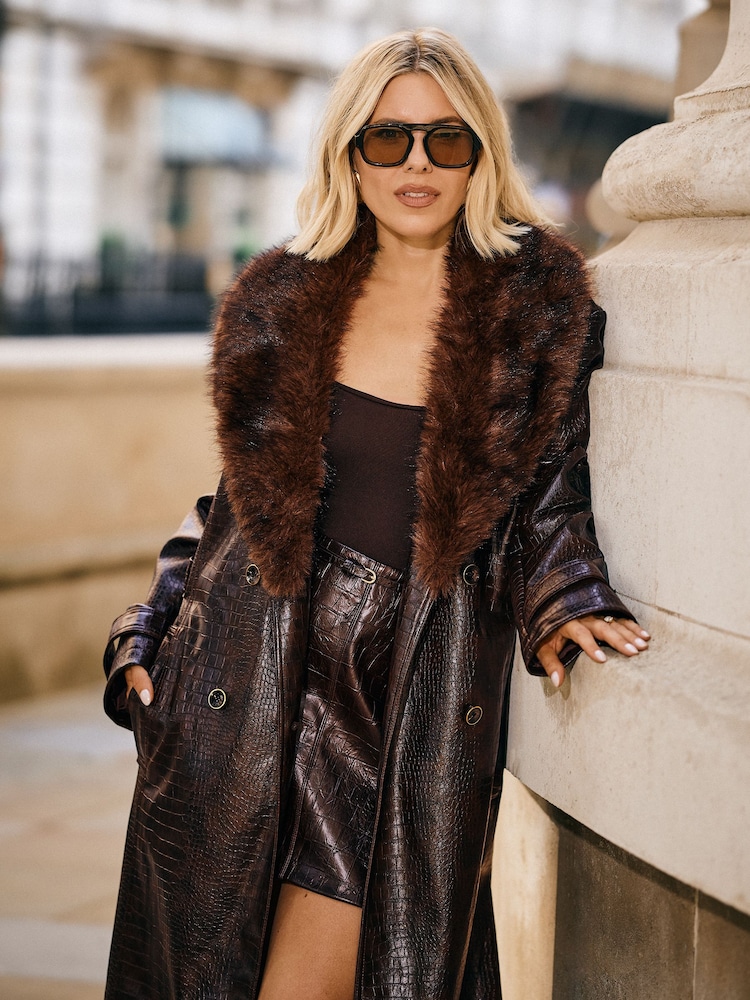 Friends Like These Ultimate Faux Croc Leather Trench Coat With Fur Trim - 6суретінің 1 суреті