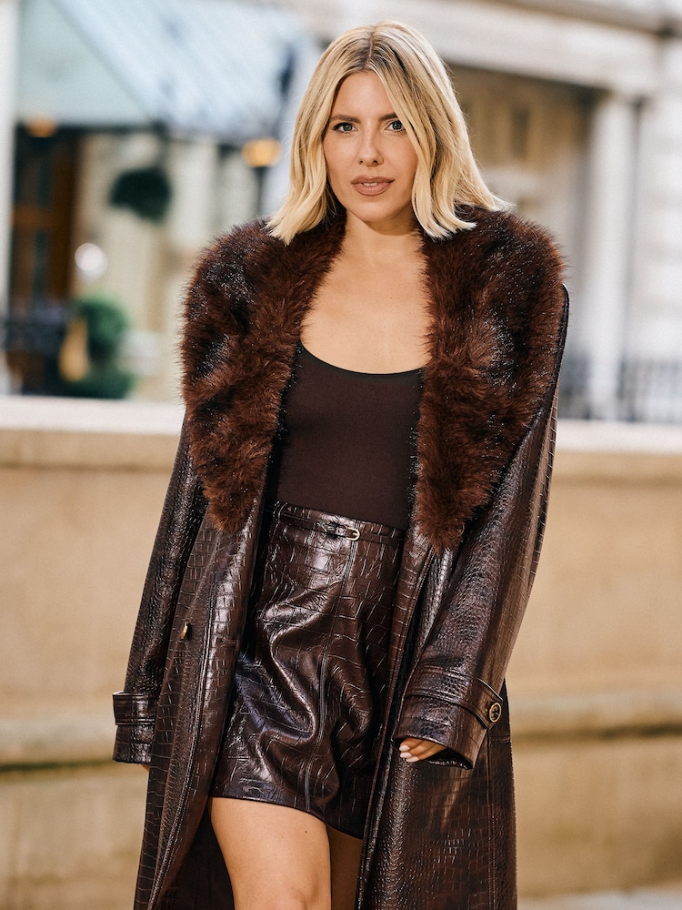 Friends Like These Ultimate Faux Croc Leather Trench Coat With Fur Trim - 6суретінің 2 суреті