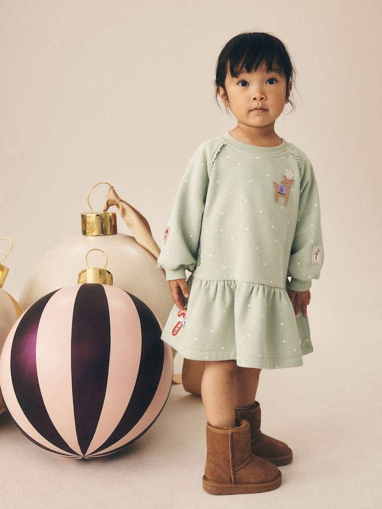 Blue Christmas Reindeer Applique Long Sleeve Sweat Dress (3mths-7yrs) - Image 2 of 4 Blue Christmas Reindeer Applique Long Sleeve Sweat Dress (3mths-7yrs) - Image 2 of 4