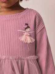 Mauve Purple Fairy Long Sleeve Ribbed Mesh Dress (3mths-7yrs) - Image 4 of 8