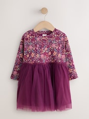 Burgandy Floral Long Sleeve Ribbed Mesh Party Dress (3mths-7yrs) - Image 1 of 4