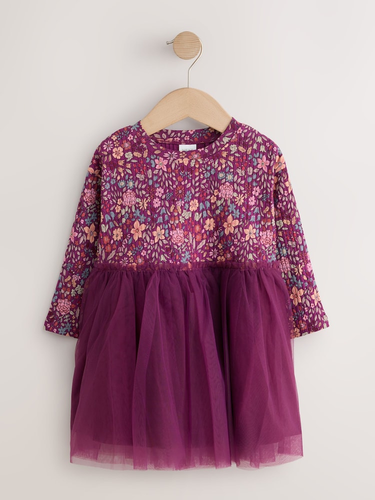 Burgandy Floral Long Sleeve Ribbed Mesh Party Dress (3mths-7yrs) - Image 1 of 4 Burgandy Floral Long Sleeve Ribbed Mesh Party Dress (3mths-7yrs) - Image 1 of 4