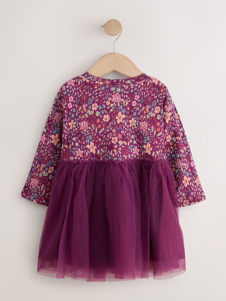 Burgandy Floral Long Sleeve Ribbed Mesh Party Dress (3mths-7yrs) - Image 2 of 4 Burgandy Floral Long Sleeve Ribbed Mesh Party Dress (3mths-7yrs) - Image 2 of 4