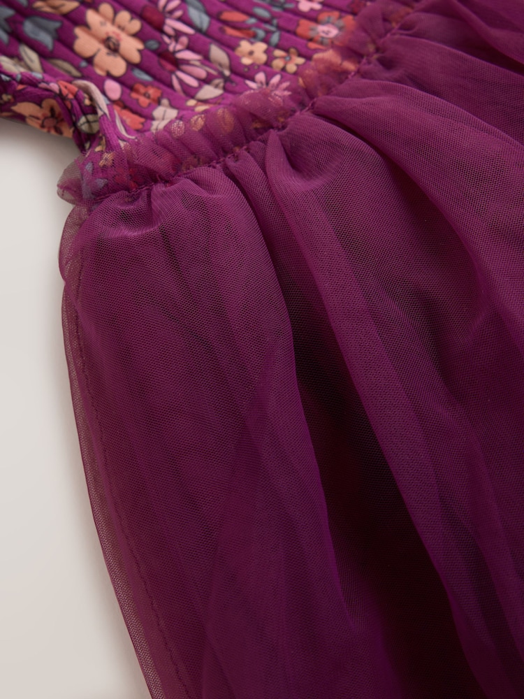 Burgandy Floral Long Sleeve Ribbed Mesh Party Dress (3mths-7yrs) - Image 4 of 4 Burgandy Floral Long Sleeve Ribbed Mesh Party Dress (3mths-7yrs) - Image 4 of 4